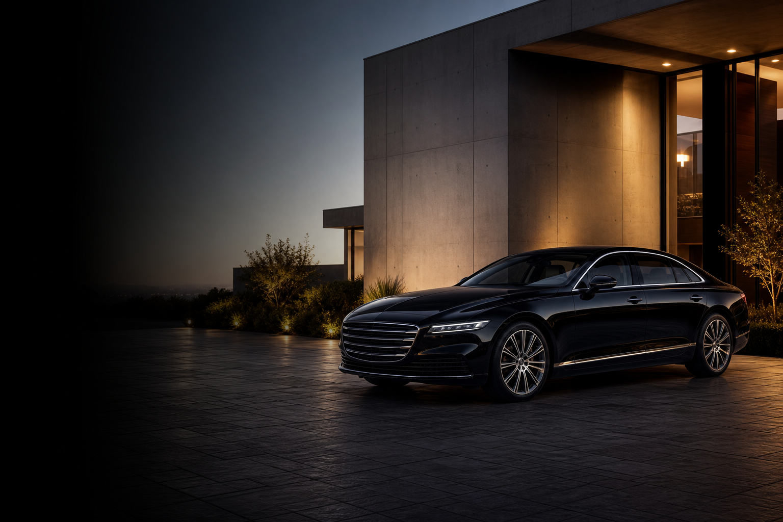 Black unbranded luxury sedan outside a modern residence